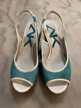 Anne Klein Sport Teal and White Perforated Leather Slingback Platform Wedges